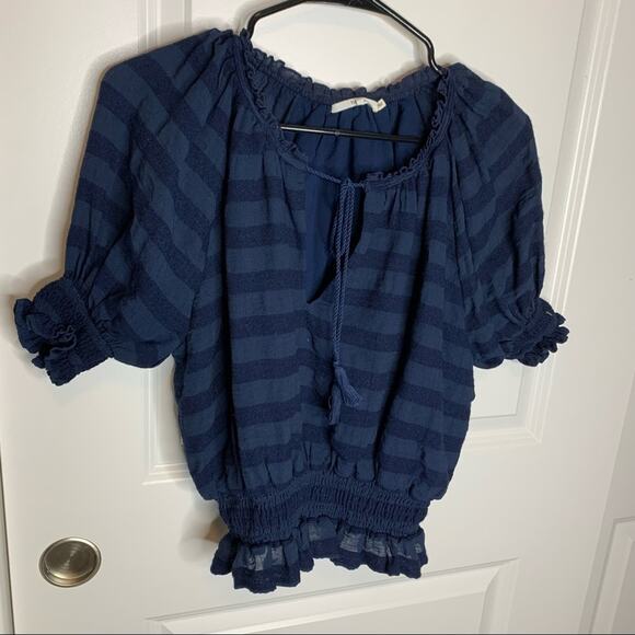 Tularosa Blue Striped Puff Sleeve Peasant Crop Top Size Small - Picture 1 of 6